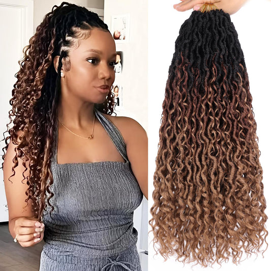 COOKOO 18 Inch New Goddess Locs Crochet Hair 8 Packs Ombre 3 Tones Wavy Faux Locs Synthetic Hair with Curls Pre Looped Curly Crochet Locs for Black Women Boho Hippie Locs Hair Extensions 1B/30/27#