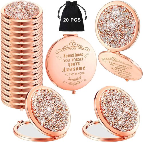Cindeer 20 Pcs Small Compact Mirror Folding Pocket Makeup Round Hand Held Cosmetic Magnifying Compact Rhinestone Mirror with 1X/2X Magnification for Women Girls Travel (Gold Style)