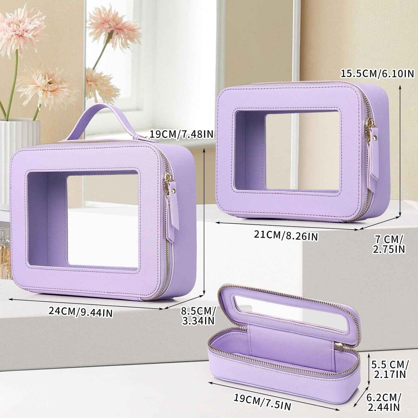 LOFOWN Travel Makeup Set Waterproof Transparent Cosmetic Bag and Toiletry Bag Makeup Brush case with Zipper Car Essentials for Women (Purple, L+M+SLIM)