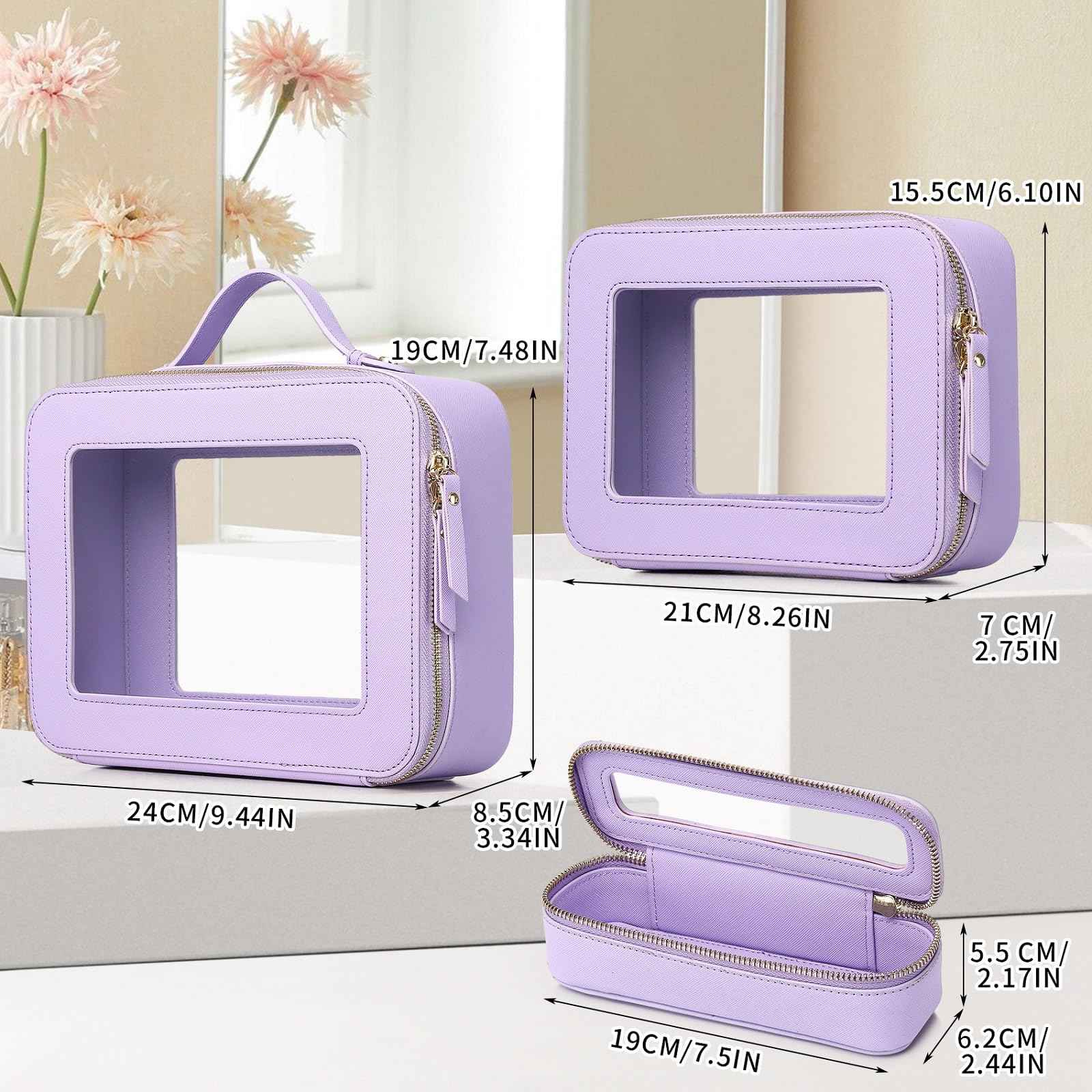 LOFOWN Travel Makeup Set Waterproof Transparent Cosmetic Bag and Toiletry Bag Makeup Brush case with Zipper Car Essentials for Women (Purple, L+M+SLIM)