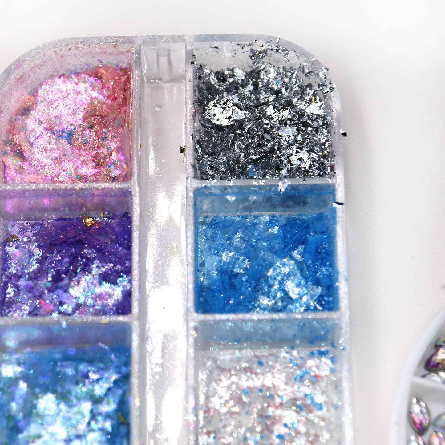 Holographic Nail Glitter 12 Grids Opal Glitter Powder Nail Charms Eye Rhinstones Mermaid Iridescent Nail Sequins Flakes Gold Silver Nail Foil for Nail Art Deisgn Kit for Christmas Halloween