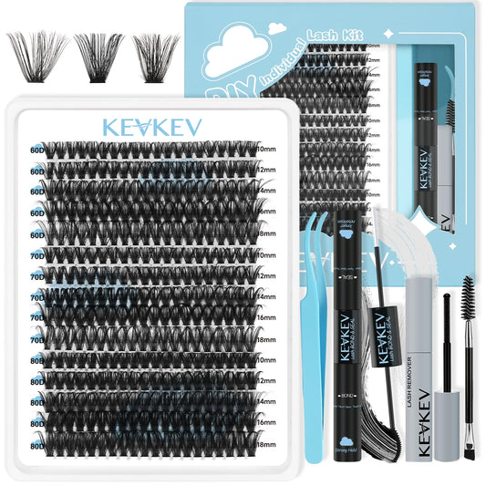 KevKev Lash Extension Kit 300Pcs Lash Clusters Kit DIY Eyelash Extension Kit with Lash Bond and Seal Eyelash Remover Lash Applicator Wispy Lashes Look Like Extensions (60D+70D+80D, D-10-18mix)