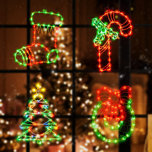 JUSTPRO 4 Pack Christmas Window Silhouette Lights, Lighted Candy Cane,Christmas Tree,Wreath and Christmas Stocking of Double Sided Decorations with 200 Count Incandescent Mini Light