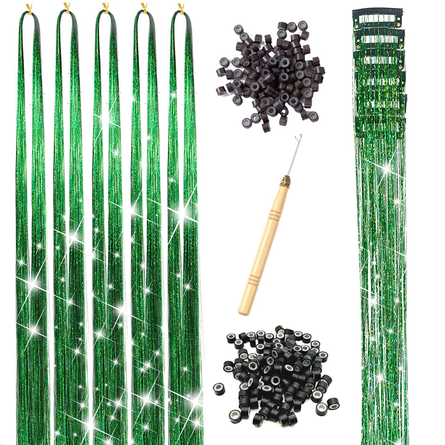 Hair Tinsel Kit 1000 Strands and 6 Pcs Clip in Hair Tinsel Glitter Tinsel Hair Extensions Heat Resistant Sparkling Fairy Hair Accessories for Kids Women Girls (Green)