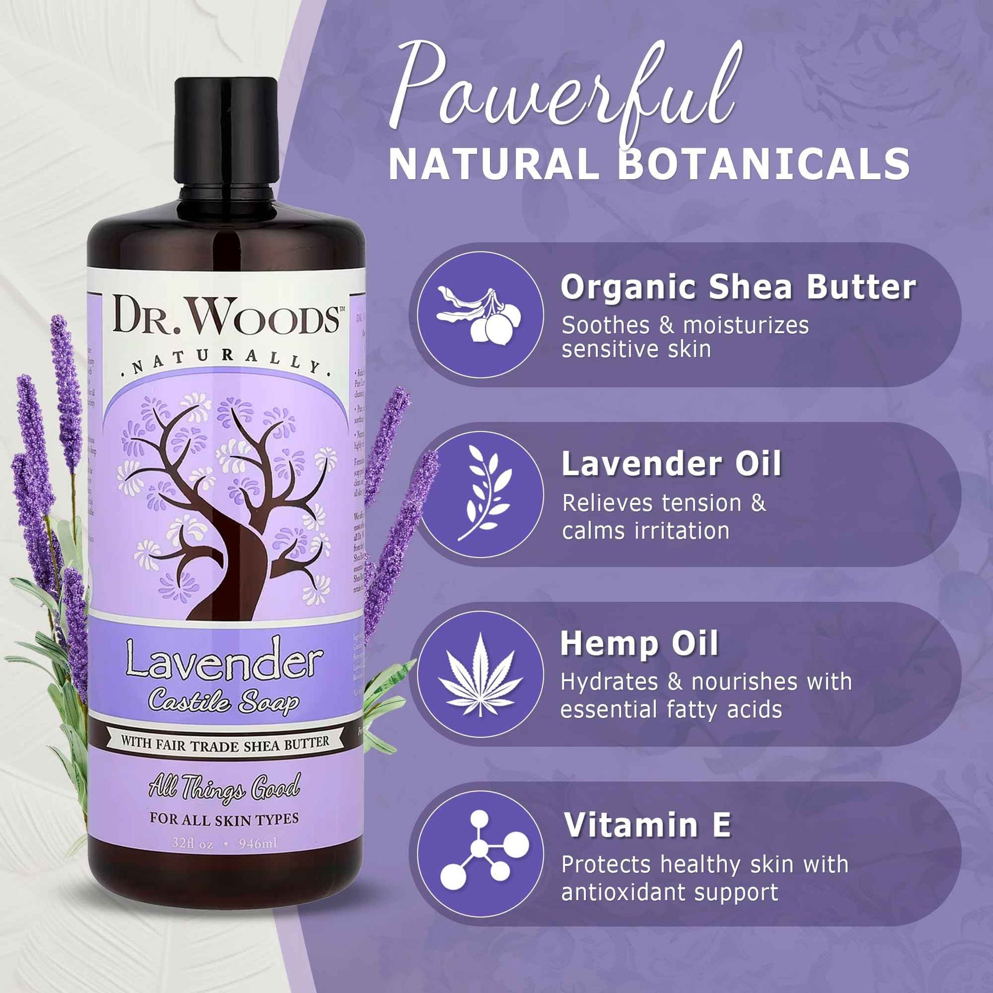 Dr. Woods Lavender Liquid Castile Soap - Castile Soap with Pure Lavender Oil, Body Wash for Men and Women, Organic Shea Butter, Natural Cleaner for Face, Hands, and Body - 32 Fl Oz, Pack of 3