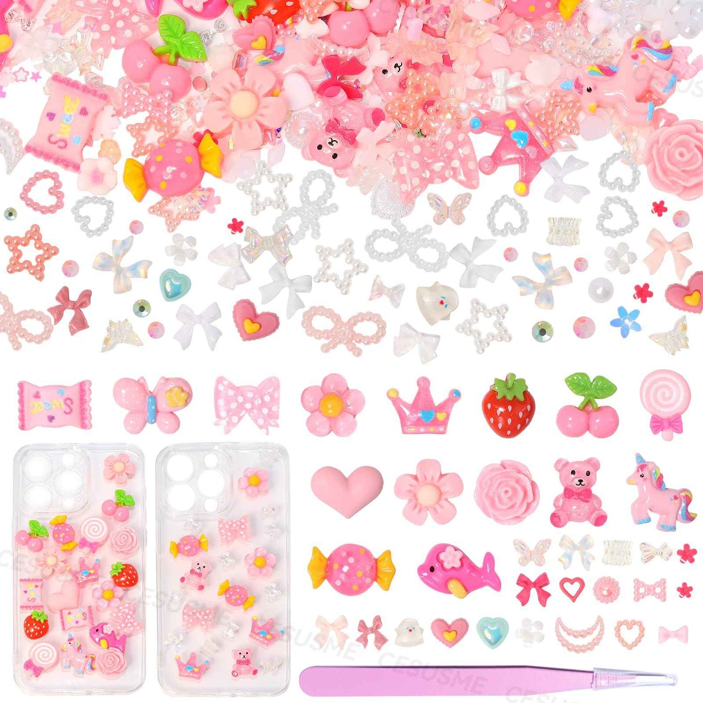 330 Pcs Junk Case Charm Kit, Bear Candy Cartoon Junk Phone Case Charm, Pink White Moon Star Pearls for Junk Cases, Flatback Resin Slime Charms for Nail Art Supplies Craft DIY