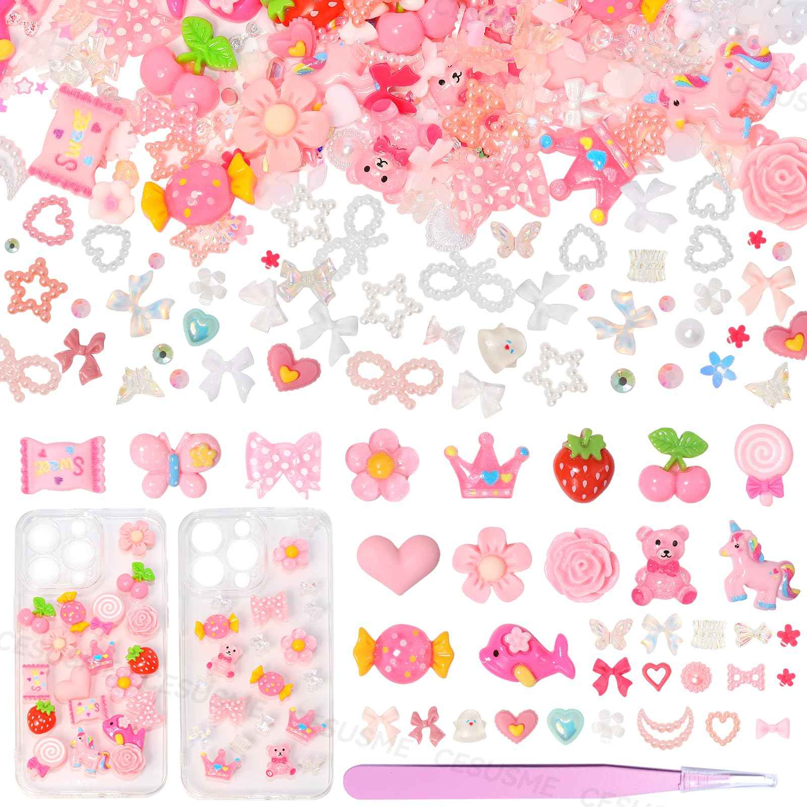 330 Pcs Junk Case Charm Kit, Bear Candy Cartoon Junk Phone Case Charm, Pink White Moon Star Pearls for Junk Cases, Flatback Resin Slime Charms for Nail Art Supplies Craft DIY
