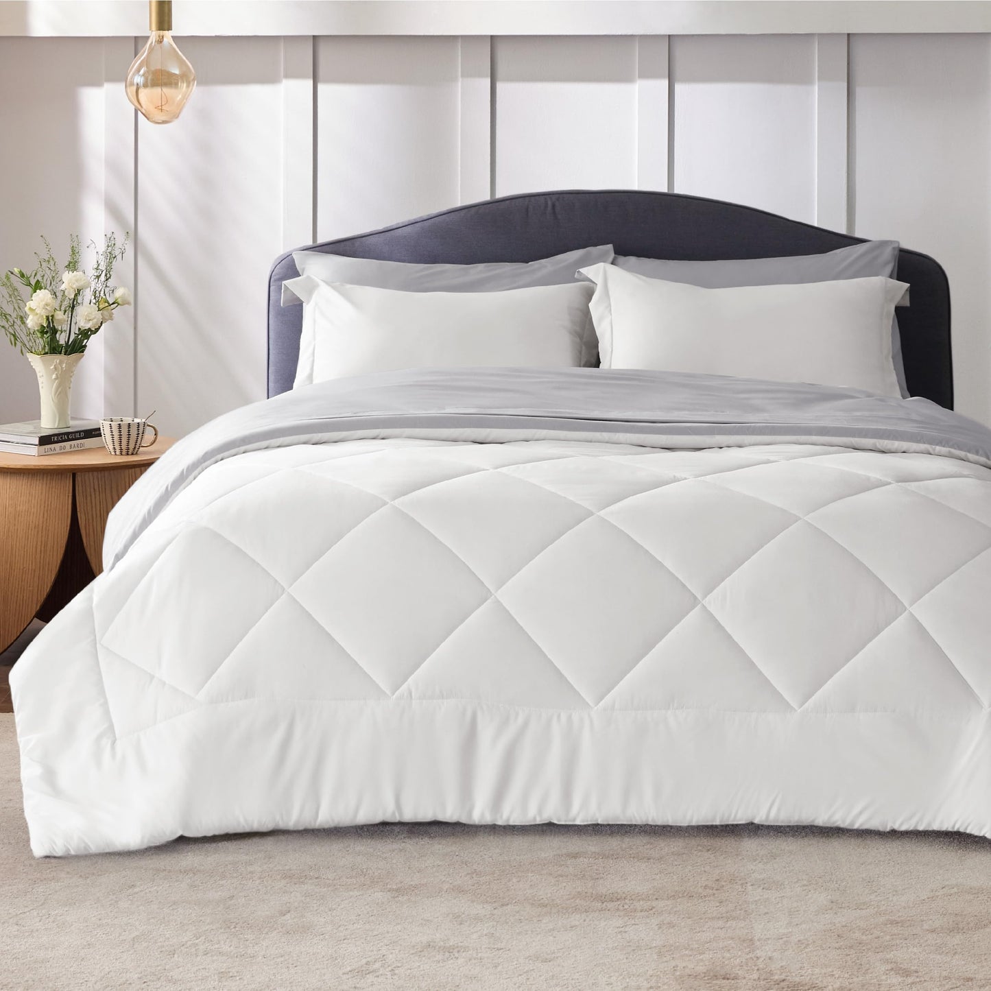 Bedsure Ivory Twin Comforter Set - 5 Pieces Reversible Twin Bed in a Bag for College, Extra Long Twin Bed Set Ivory and Grey with Comforters, Sheets, Pillowcase & Sham