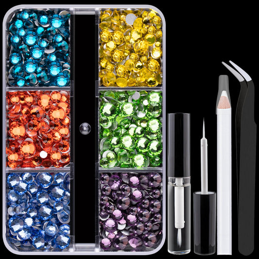 Colorful Face Gems for Makeup Set, Flatback Gorgeous Charming Mixed-Colored Crystals with Makeup Glue+Picker Pencil+Tweezer for Eye Body Hair Make-up and Nail Art Deco