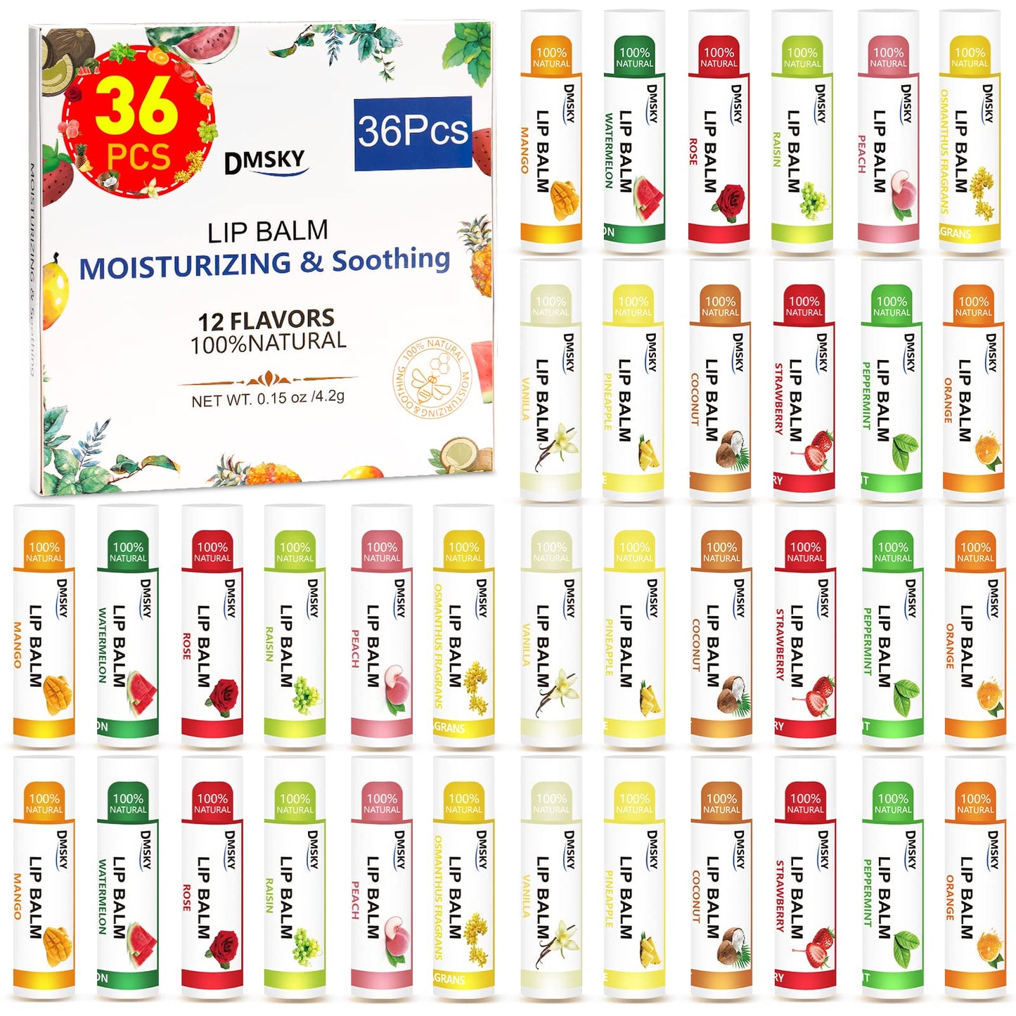 DMSKY 36 Pack Lip Balm, Natural Lip Balm Bulk with Vitamin E and Coconut Oil, Moisturizing Soothing Chapped Lips, Gifts for Women Stocking Stuffers Party Favors