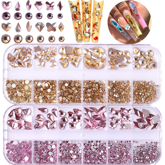 BELICEY Nail Art Rhinestones Gold Pink Flatback Round Rhinestones Charms Nail Gem Stones with K9 Bling Glass Crystals Diamonds Jewelry for Nail Design DIY Crafts Face Decoration