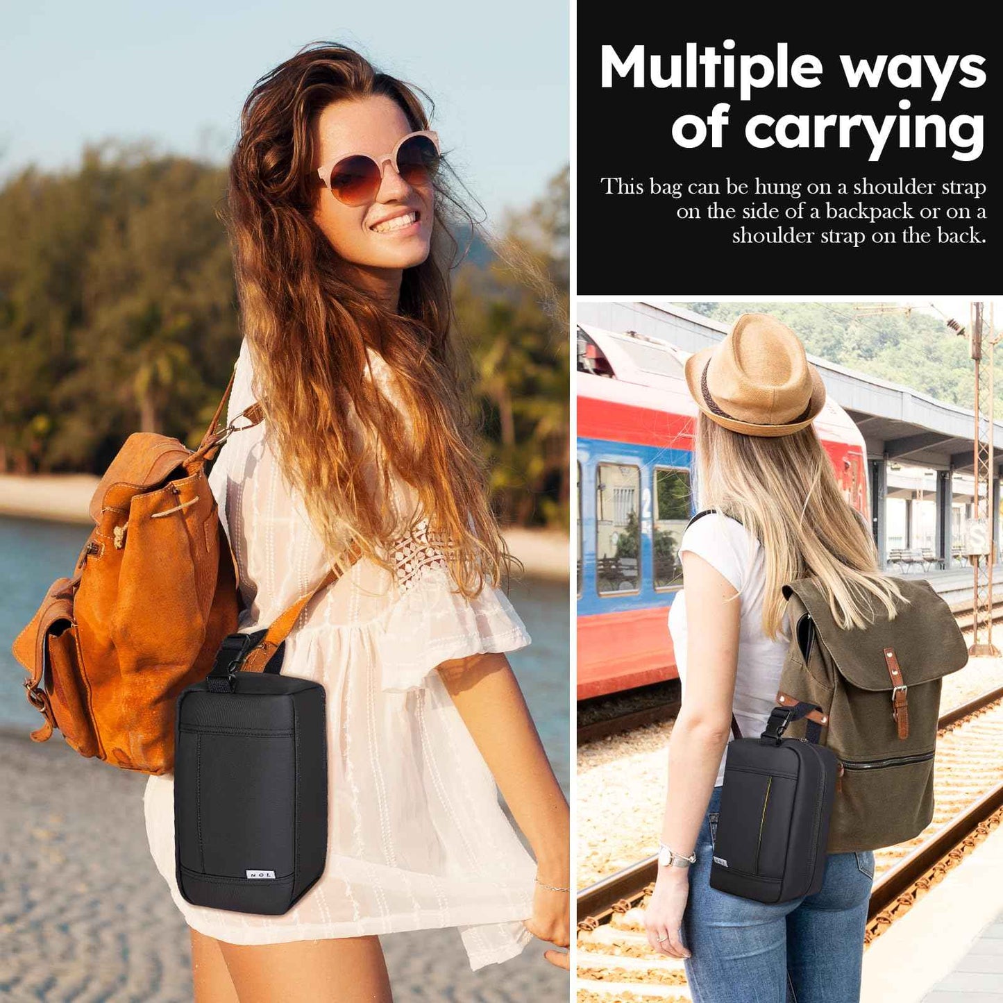 NOL Natural Organic Lifestyle Nylon Makeup Bag Lightweight Travel Toiletry Bag for Adults, Reusable, Zip Closure with Buckle Handle, Snack Bag, Travel Cosmetic Bag, Black