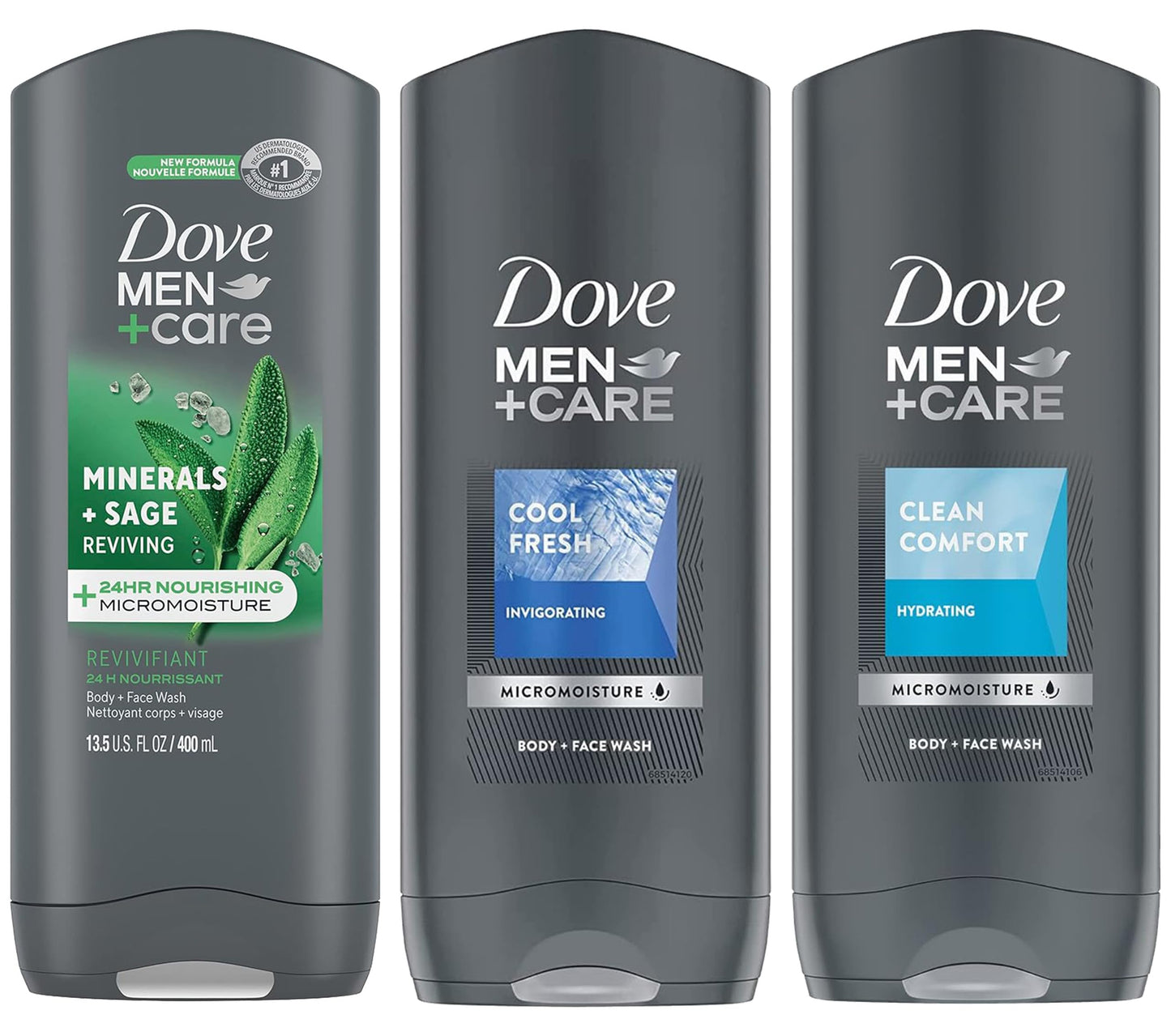 Dove Men + Care Body Wash Variety Value Pack of 3 Flavors - Clean Comfort, Cool Fresh, and Minerals + Sage - 13.5 Oz (400ml) Each - International Version