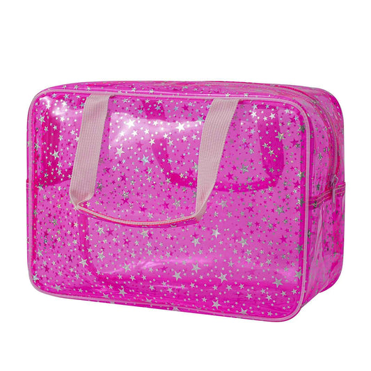 RSRSLEII Clear PVC Star Large Cosmetic Bag, Transparent Large Zippered Opening Makeup Bag, Portable Waterproof Travel Bag with Handle, Gym, Swimming and Beach Bag (01Pink)