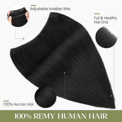 Charites Halo Hair Extensions Real Human Hair Invisible Wire Extensions with Transparent Fish Line Adjustable Size Jet Black 14 inch