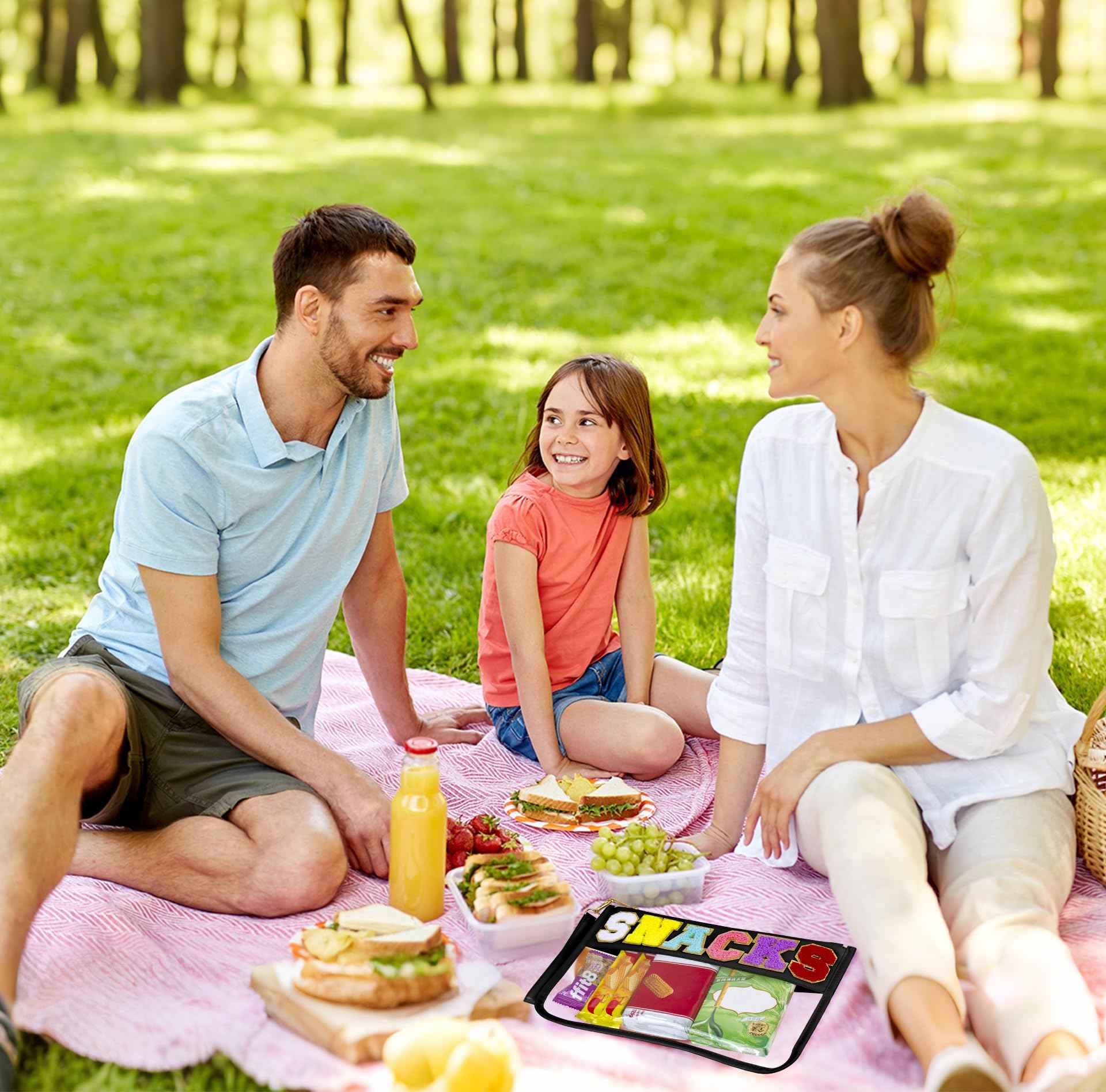 WOPIPAL Snack Bag for Travel & Makeup - Clear Chenille Letter Zipper Pouch, Waterproof Cosmetic Tote Bag for Women & Girls (Black)