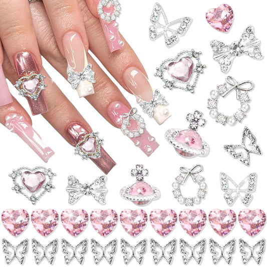 RODAKY 30PCS Bow Nail Charms 3D Butterfly Heart Charms for Nails Saturn Planet Nail Art Jewerly Pink Nail Rhinestone Cute Nail Decoration for Women Manicure Design Nail Art Accessories