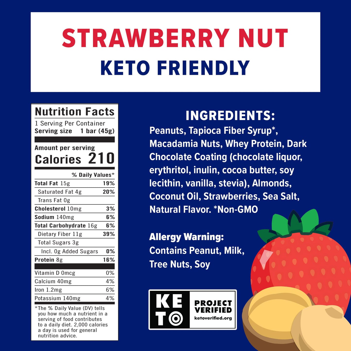 JiMMY'S! Functional Keto Protein Bar - Chocolate Strawberry Nut - 12 pack - Low Net Carb Count, Keto Friendly, Low Sugar, Gluten Free, High Protein Snack