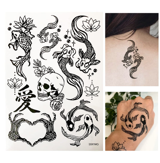 Temporary Tattoos for Adult Women - 2 Sheets - Black Big Ying and Yang Koi Fish Kanji Love Skeleton Heart Hand Skull Lotus Sleeve Adults Tattoo