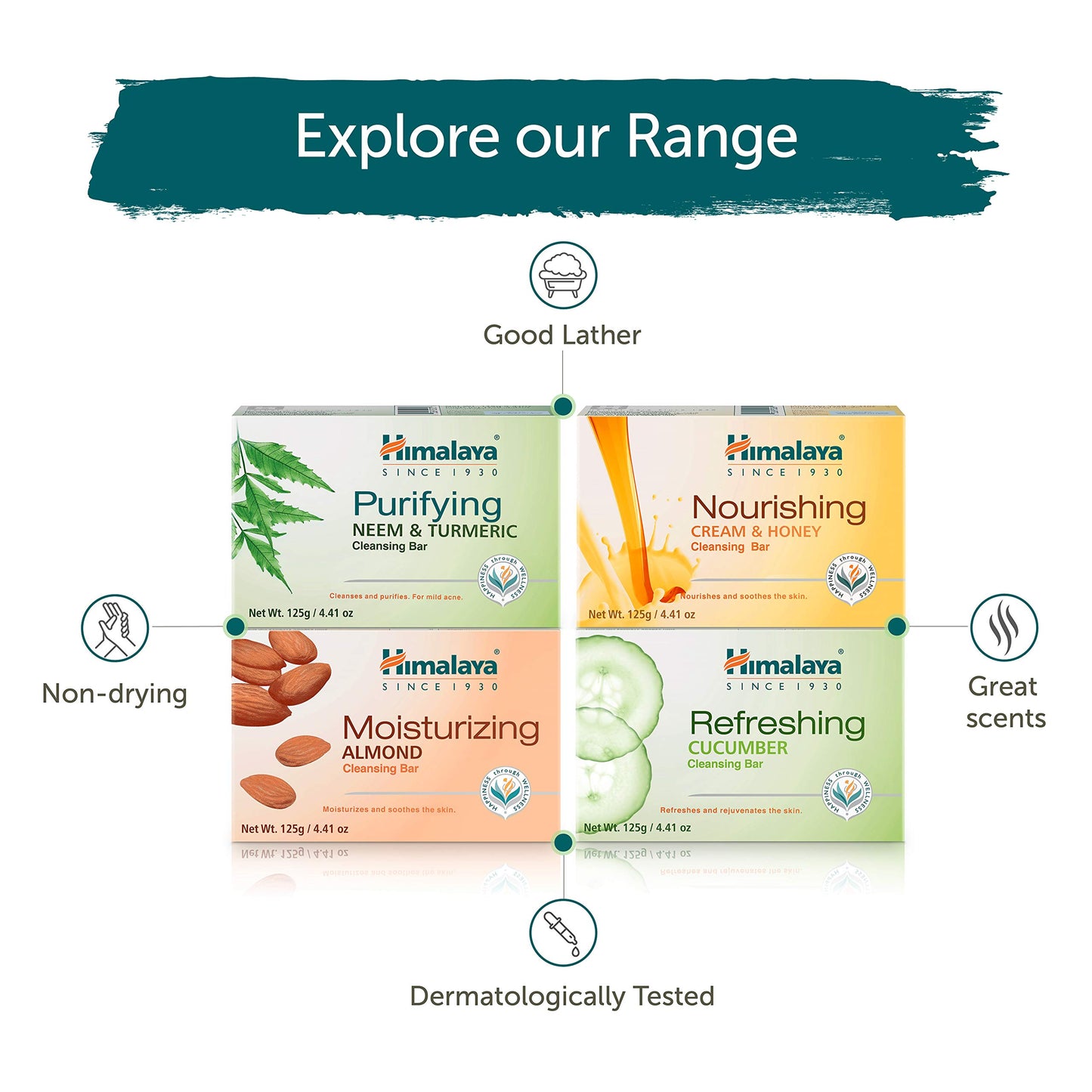 Himalaya Cleansing Bar Soaps Variety Pack, Neem & Turmeric, Almond, Cream & Honey and Cucumber, 4.41 oz, 12 Pack