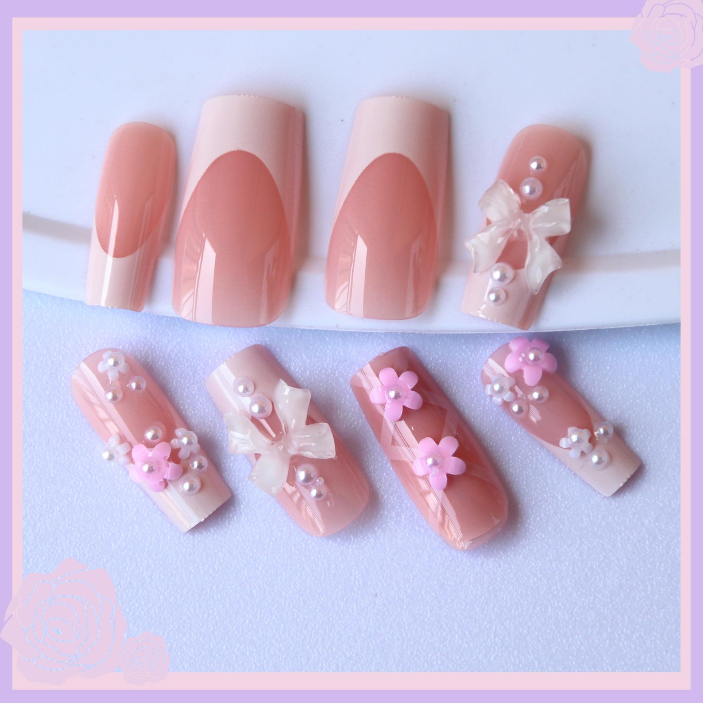 Pink Press on Nails Kit with Charms Gems French Tip Nails Press Ons Medium Square Fake Nails Artificial Coffin Gel Like Glossy 3D Flower Pearl White Bowknot False Nail Manicure for Women Girl