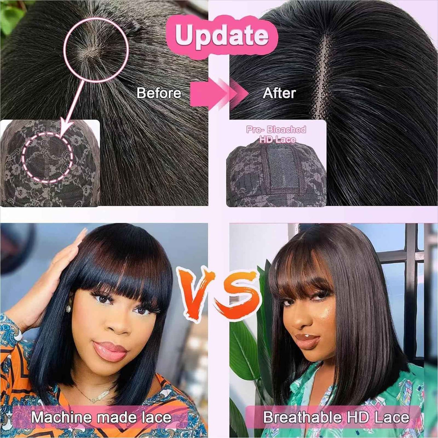 Lusina Bob Wig Human Hair with Bangs Glueless 2x4 HD Lace Colsure Wigs Human, Ready to Go Short Wigs For Women Beginner Friendly (Black, 12 Inch)