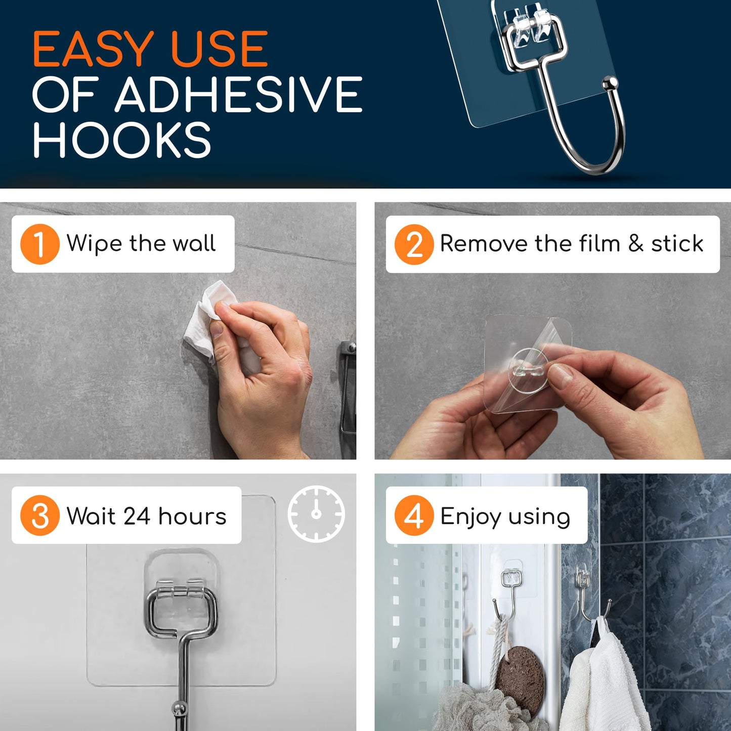 GLUIT Large Adhesive Hooks for Hanging Heavy Duty 22 lbs Robe & Towel Hanger, Waterproof Adhesive Wall Hooks for Home, Bathroom, Kitchen, Office, Outdoor - 6 Pack