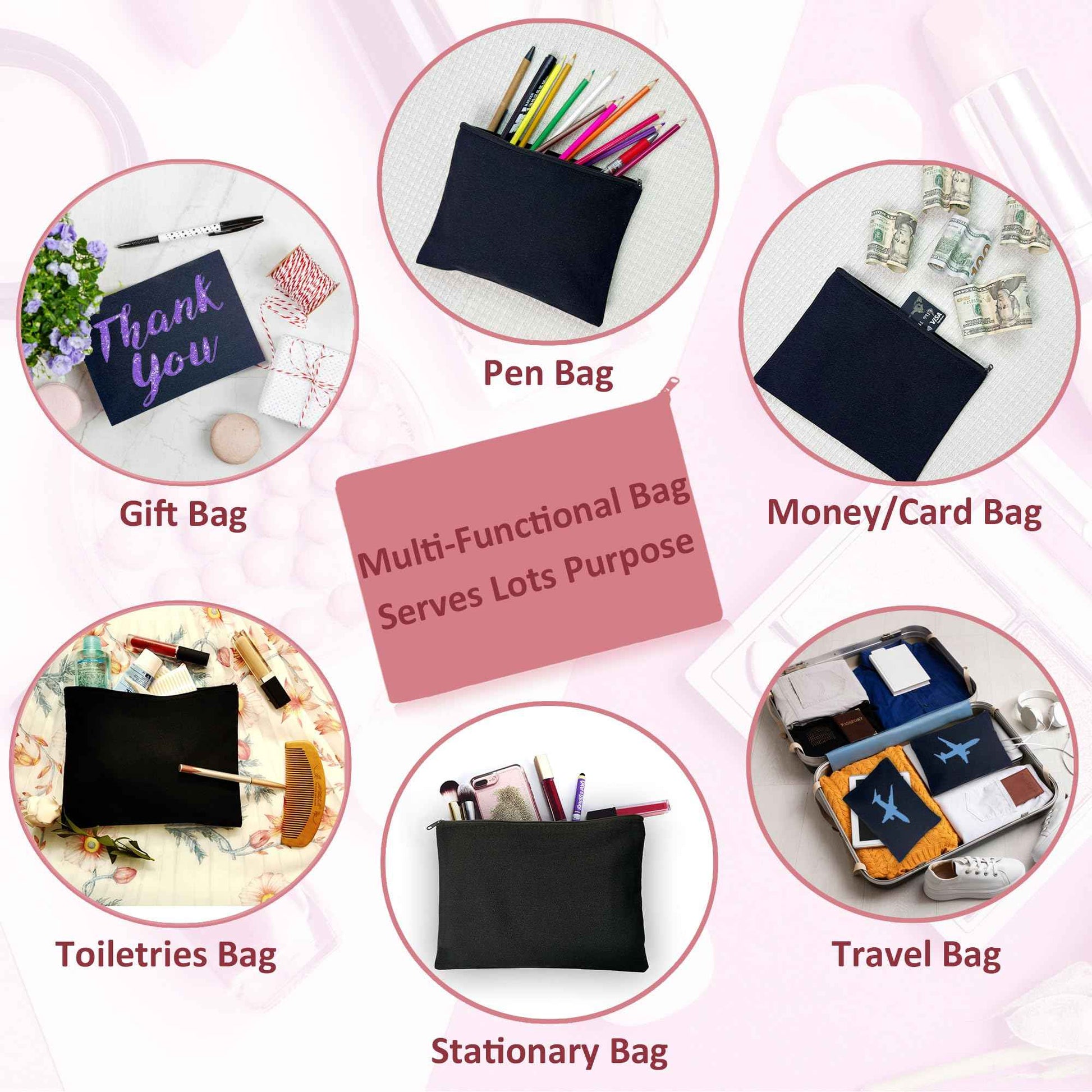 Koolmox 20 Makeup Bags in Bulk, 9x7 Large Plain Black Canvas Pouch with Zipper, Cotton Cosmetic Bags Wholesale for Painting, Heat Transfer Printing, Crafting, Drawing Decoration, Pen Case