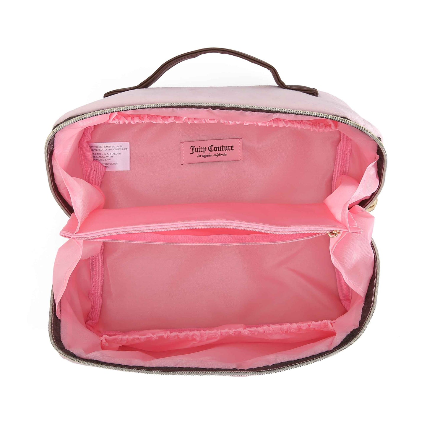 Juicy Couture Pink Brown Makeup Bag Cosmetics Organizer Travel Essentials Cross Zip Velour Rhinestone Brown Handle