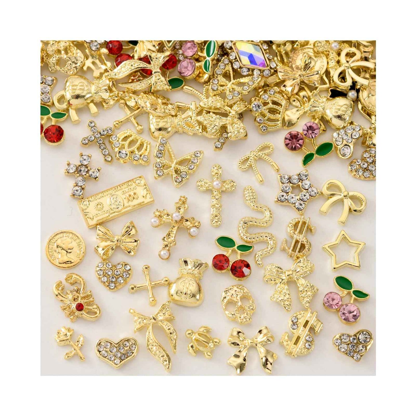OPMADM 100Pcs Gold Nail Charms and Gems Charms for Nails Design Gold Charms for Nails Metal Bow Cherry Butterfly Cross Heart Star and Flowers