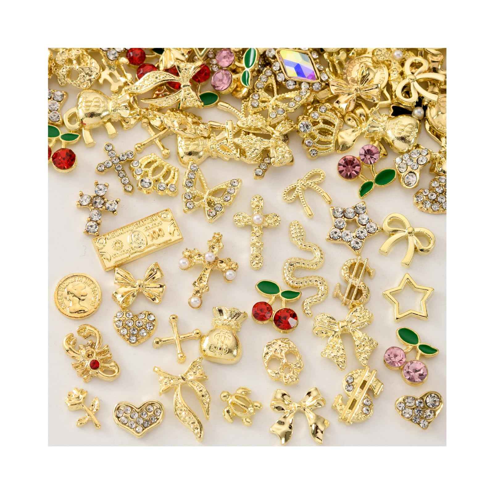 OPMADM 100Pcs Gold Nail Charms and Gems Charms for Nails Design Gold Charms for Nails Metal Bow Cherry Butterfly Cross Heart Star and Flowers