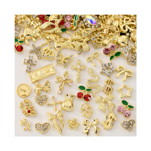 OPMADM 100Pcs Gold Nail Charms and Gems Charms for Nails Design Gold Charms for Nails Metal Bow Cherry Butterfly Cross Heart Star and Flowers