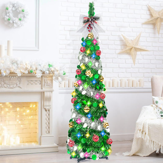 RACPNEL 5Ft Pop Up Tinsel Christmas Tree with Lights, Decorations, Sequins, Collapsible Pencil Christmas Tree Artificial, Holiday Indoor Christmas Decoration for Home, Office, Apartment Xmas Decor