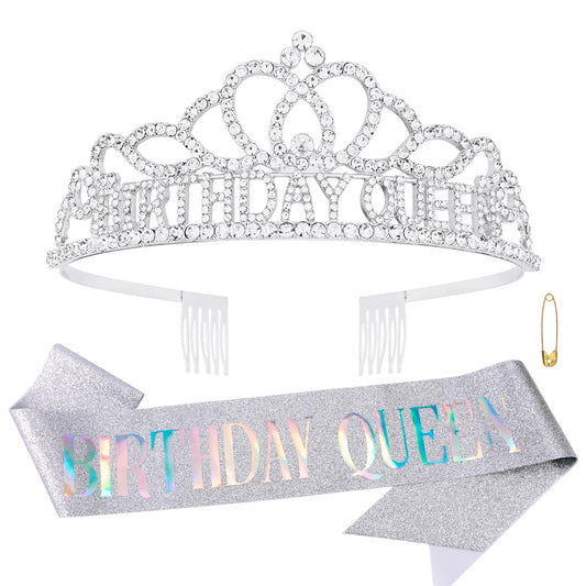 Chanaco Birthday Sash Birthday Crowns for Women Birthday Queen Sash Birthday Crown Tiaras for Women Silver Happy Birthday Decorations Birthday Gifts