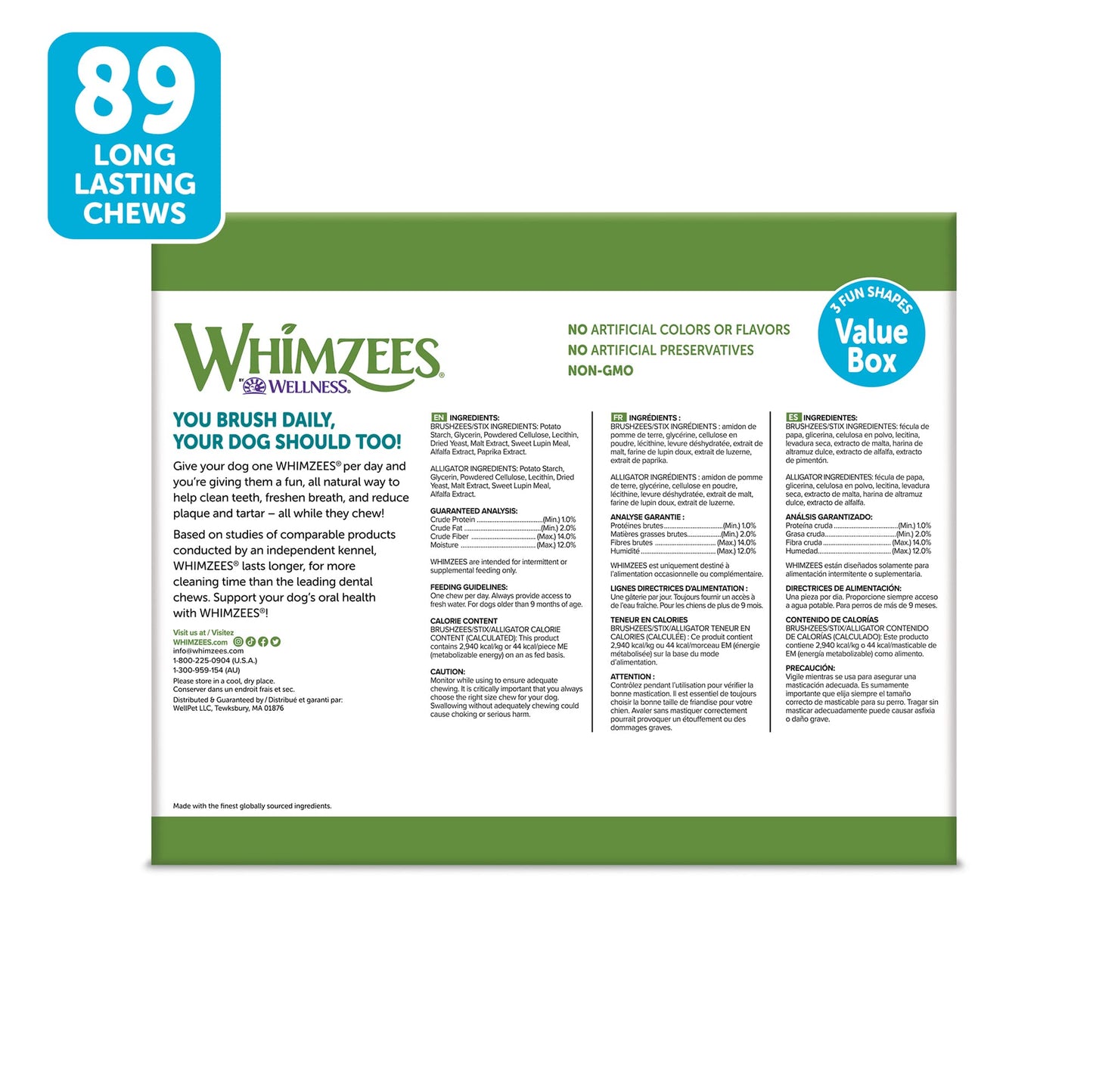 WHIMZEES by Wellness Value Box Natural Dental Chews for Dogs, Long Lasting Treats, Grain-Free, Freshens Breath, Small Breed, 89 count