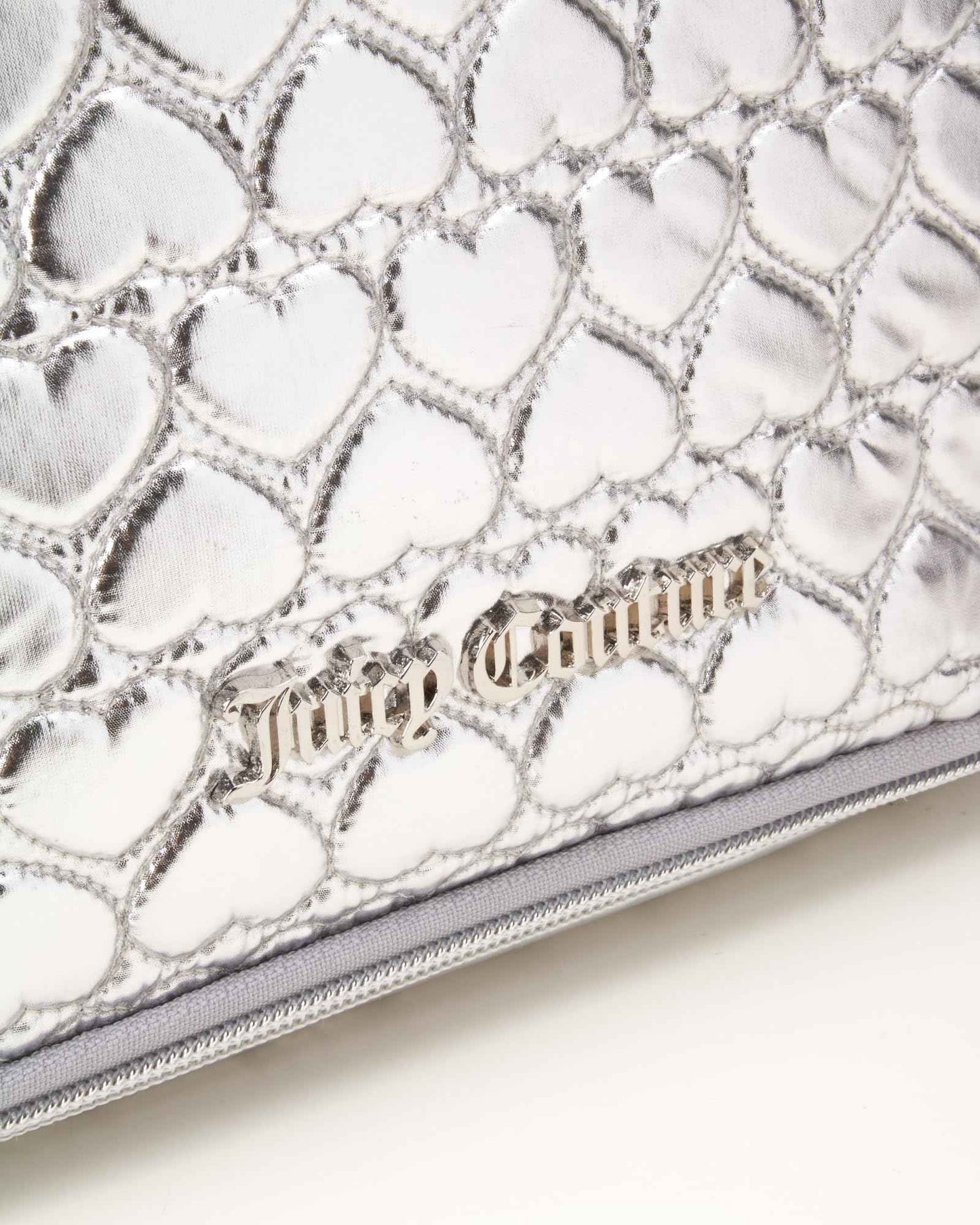 Juicy Couture Silver Makeup Bag Cosmetics Organizer Travel Essentials Hanging Hook Shiny Puffer Heart