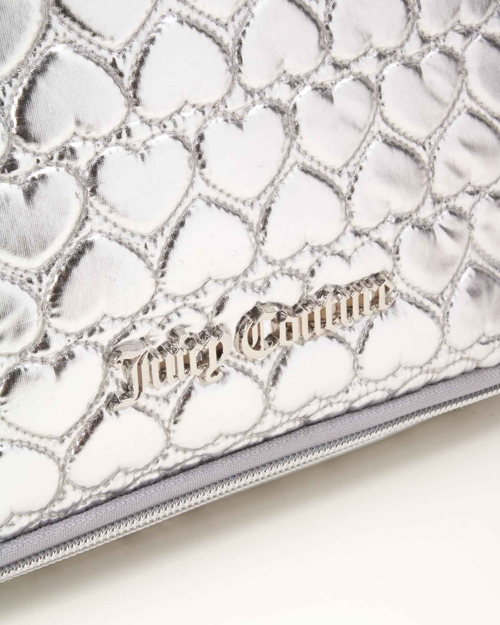Juicy Couture Silver Makeup Bag Cosmetics Organizer Travel Essentials Hanging Hook Shiny Puffer Heart