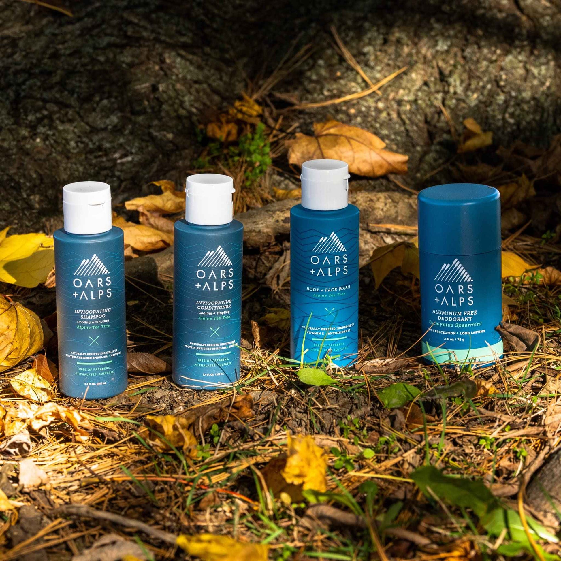 Oars + Alps Hair and Body Travel Kit for Men, Includes Sulfate Free Shampoo, Conditioner, Body Wash, Deodorant, and Reusable Pouch, TSA Friendly, Alpine Tea Tree Scent