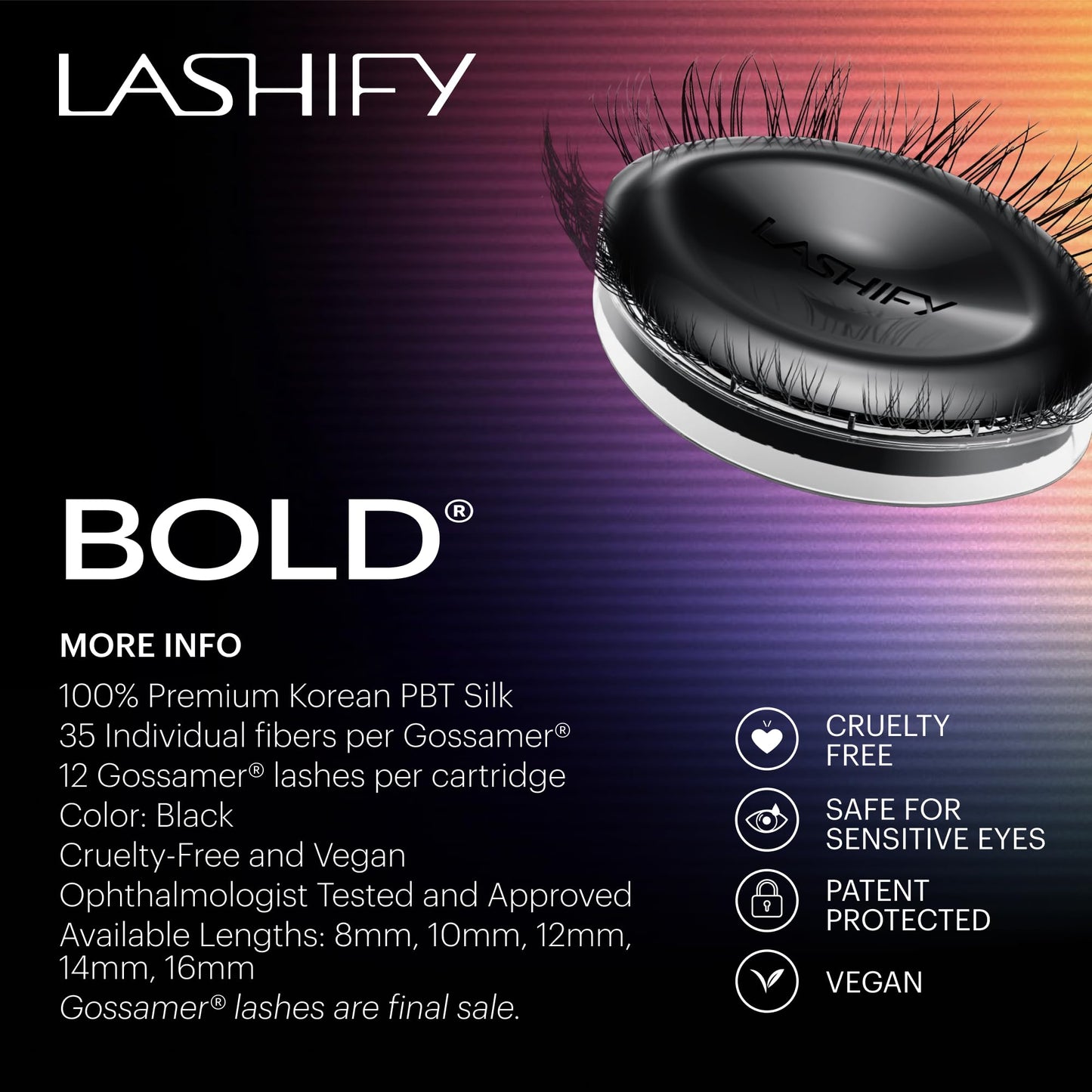 Lashify Bold 16mm Gossamer Eyelash Extensions Refill, Black, DIY False Lashes for a Natural Look