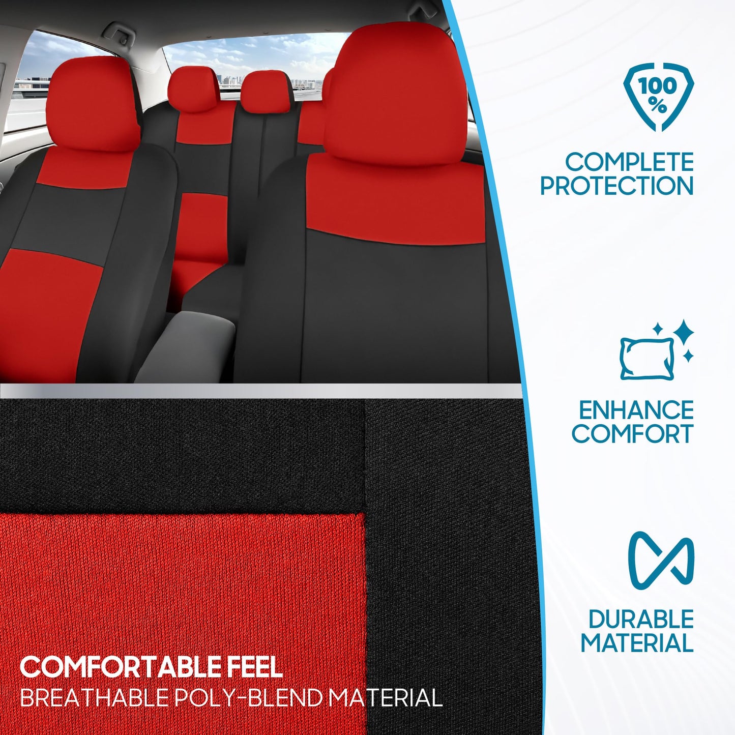 BDK PolyPro Car Seat Covers Full Set in Red on Black – Front and Rear Split Bench Seat Covers, Easy to Install, Accessories for Auto Trucks Van SUV