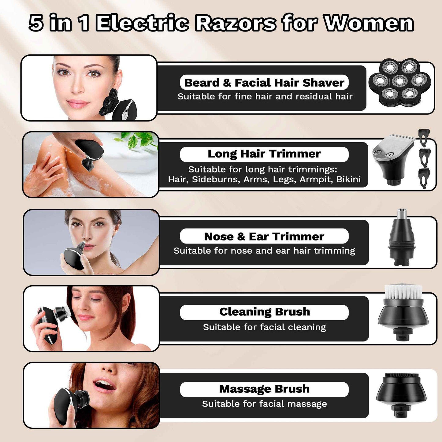 Electric Razors for Women, 7D Electric Shaver for Women, 5 in 1 Lady Shavers, Wet/Dry Bikini Trimmer, Rechargeable Face Razor for Arms Legs Armpit Pubic Area