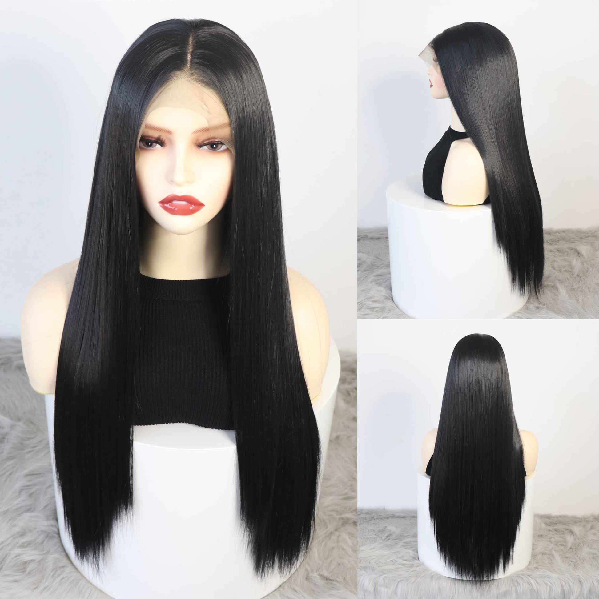 WXHWCX 13×6 Long Straight Synthetic Lace Front Wig For Women Smooth Wig Middle Part Black Synthetic Lace Wigs High Density Daily wigs For Women Party Wigs