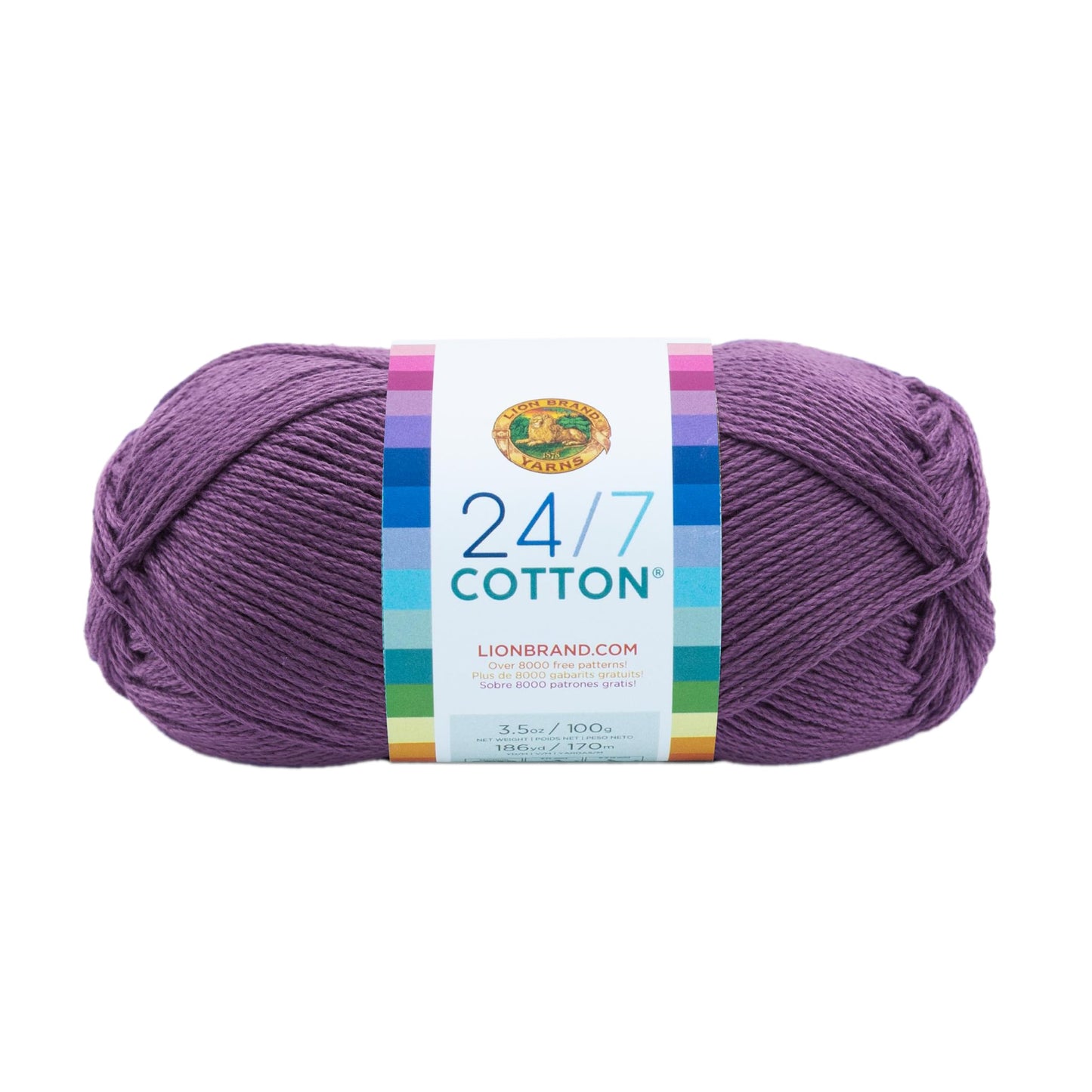 Lion Brand 24/7 Cotton Yarn, Lightweight Yarn for Knitting, Crocheting, and Crafts, Purple, 1 Pack