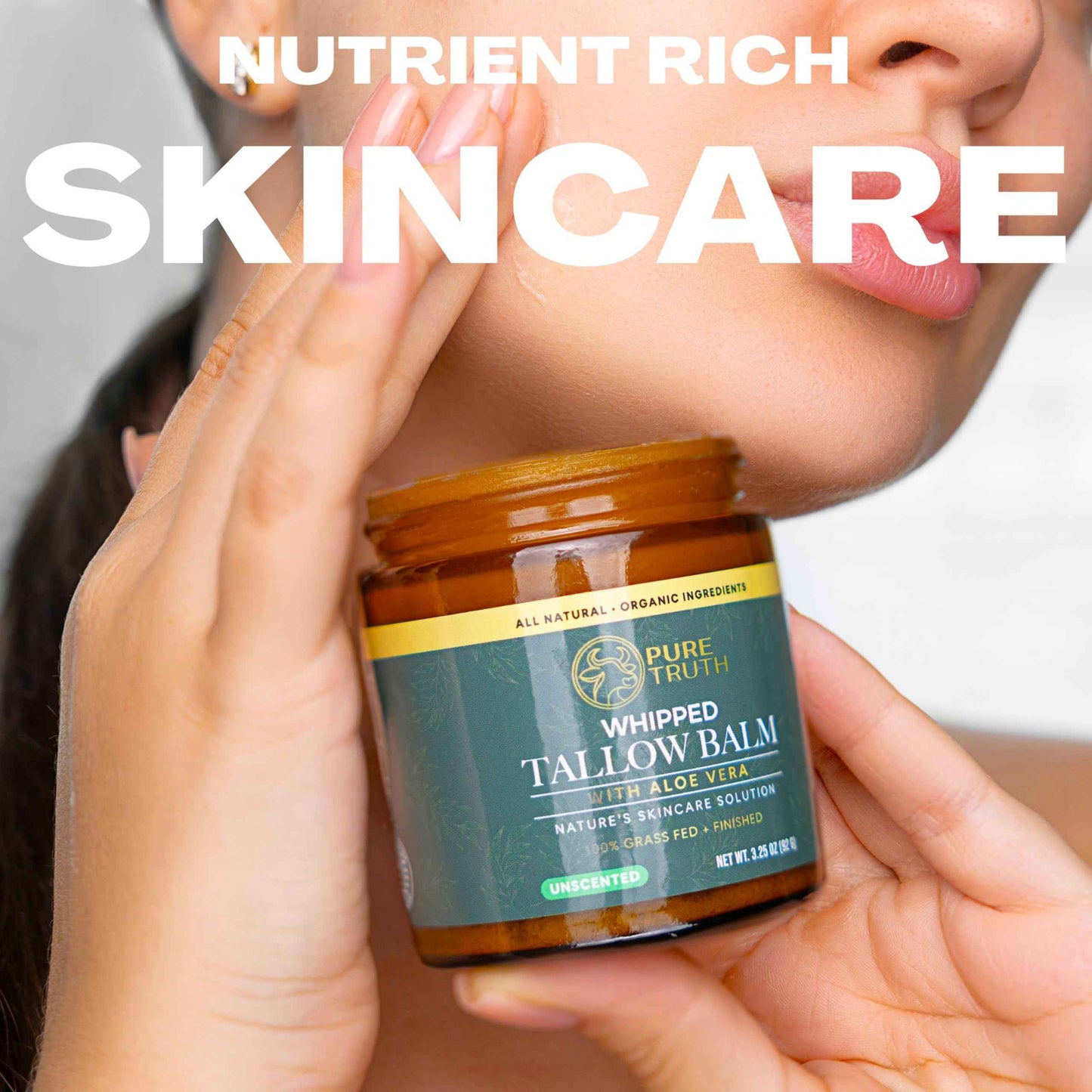 Pure Truth Beef Tallow for Skin (Unscented) - Whipped Tallow and Honey Balm, 100% Grass Fed Tallow for Face + Body Moisturizer Cream with Organic Honey, Aloe Vera, Jojoba Oil - For Men & Women 3.25 oz