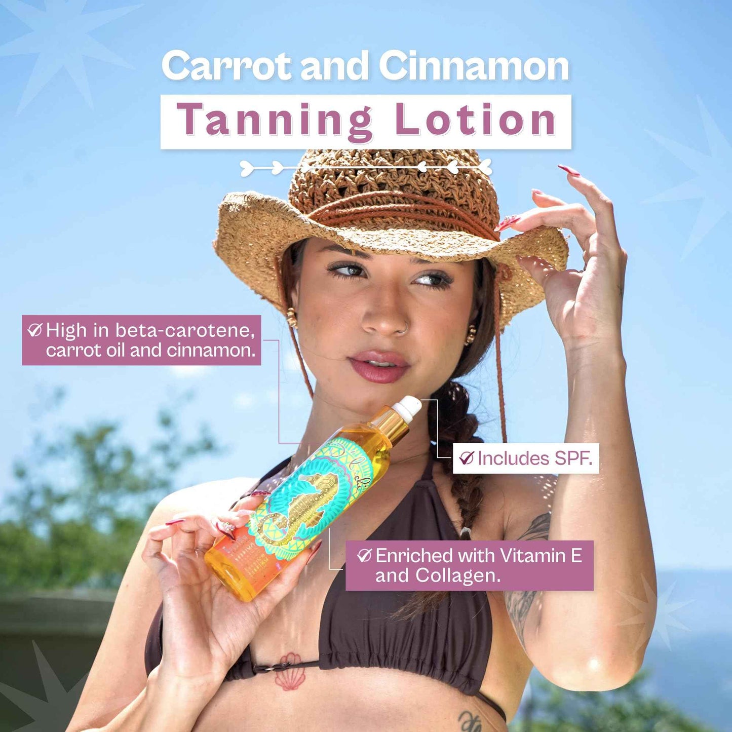 D'Luchi Carrot Tanning Oil with Cinnamon, Vitamin E & Collagen, High Natural Beta-Carotene Tanning Accelerator SPF 4 Suntan Oil, 8.45 Oz