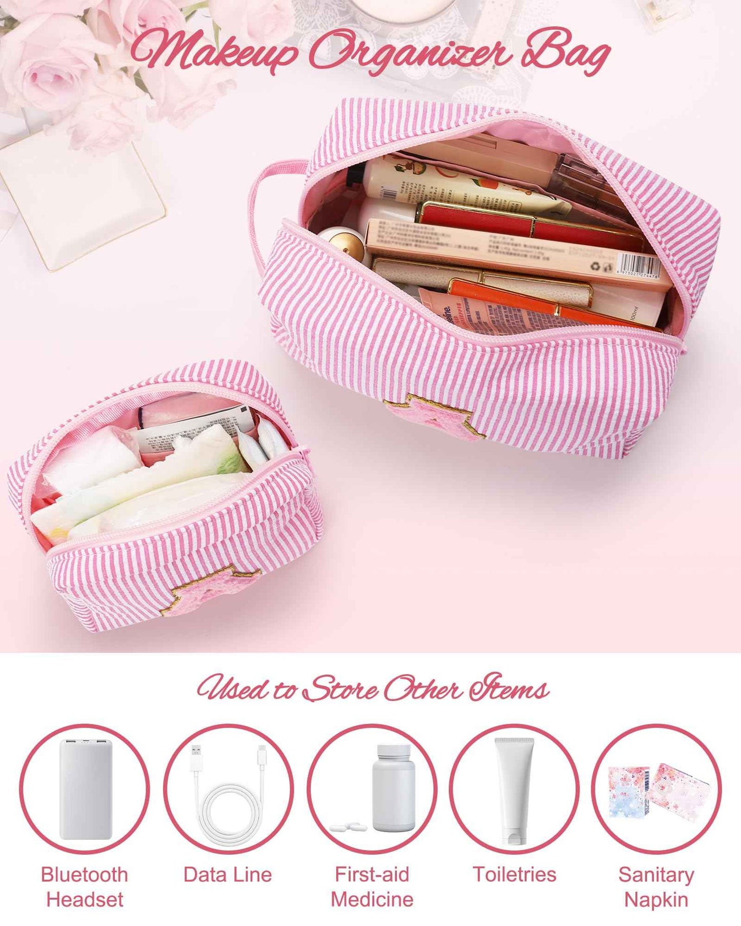 MONSTINA Initial Makeup Bag Set for Girls&Women,Personalized Make Up Case for Girlfriend Graduation Teacher Gifts,Cute Toiletry Bag Preppy Chenille Letter Patch,Pink A