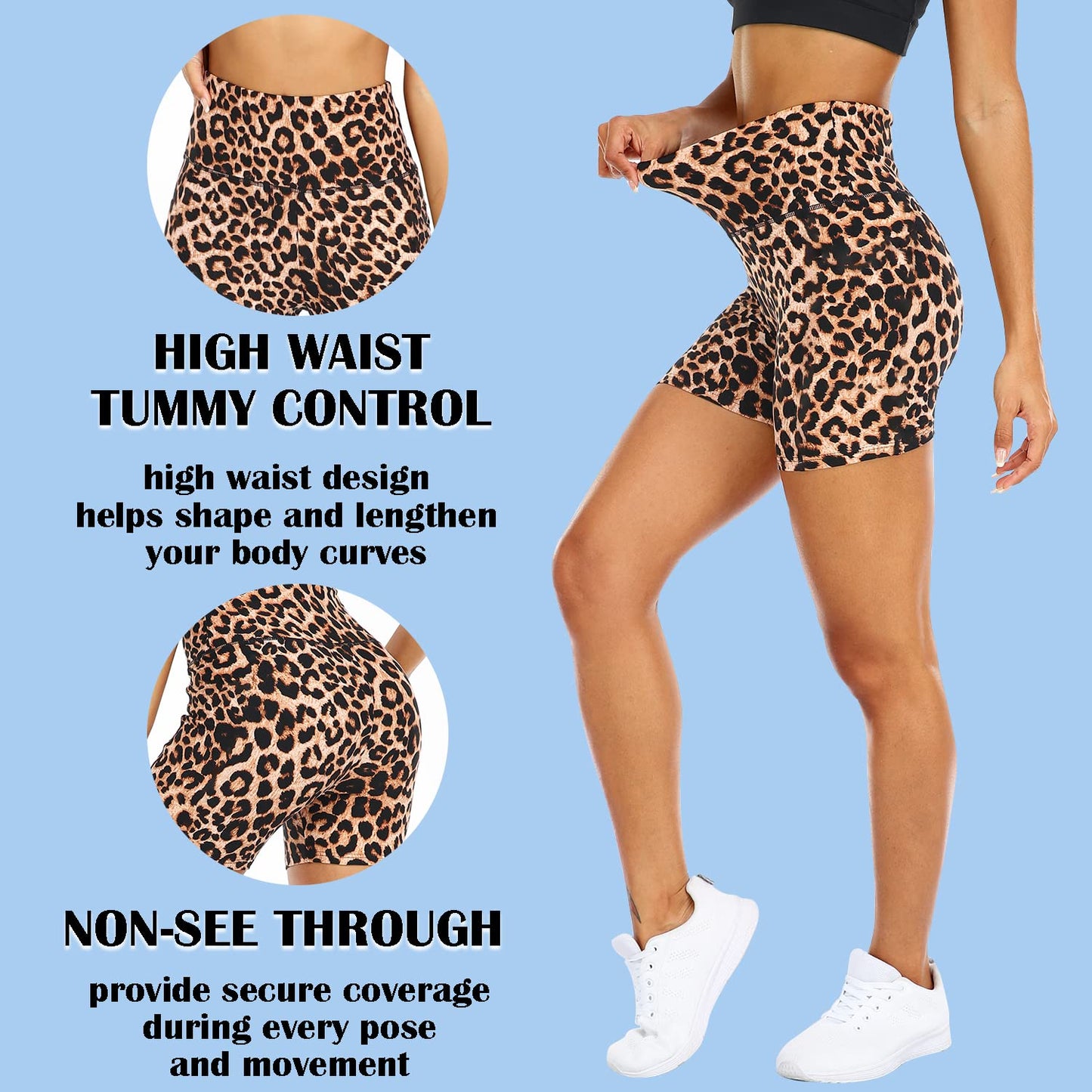 FULLSOFT High Waisted Biker Shorts for Women-5" Tummy Control Fitness Athletic Workout Running Yoga Gym Soft Shorts (Leopard,Small-Medium)