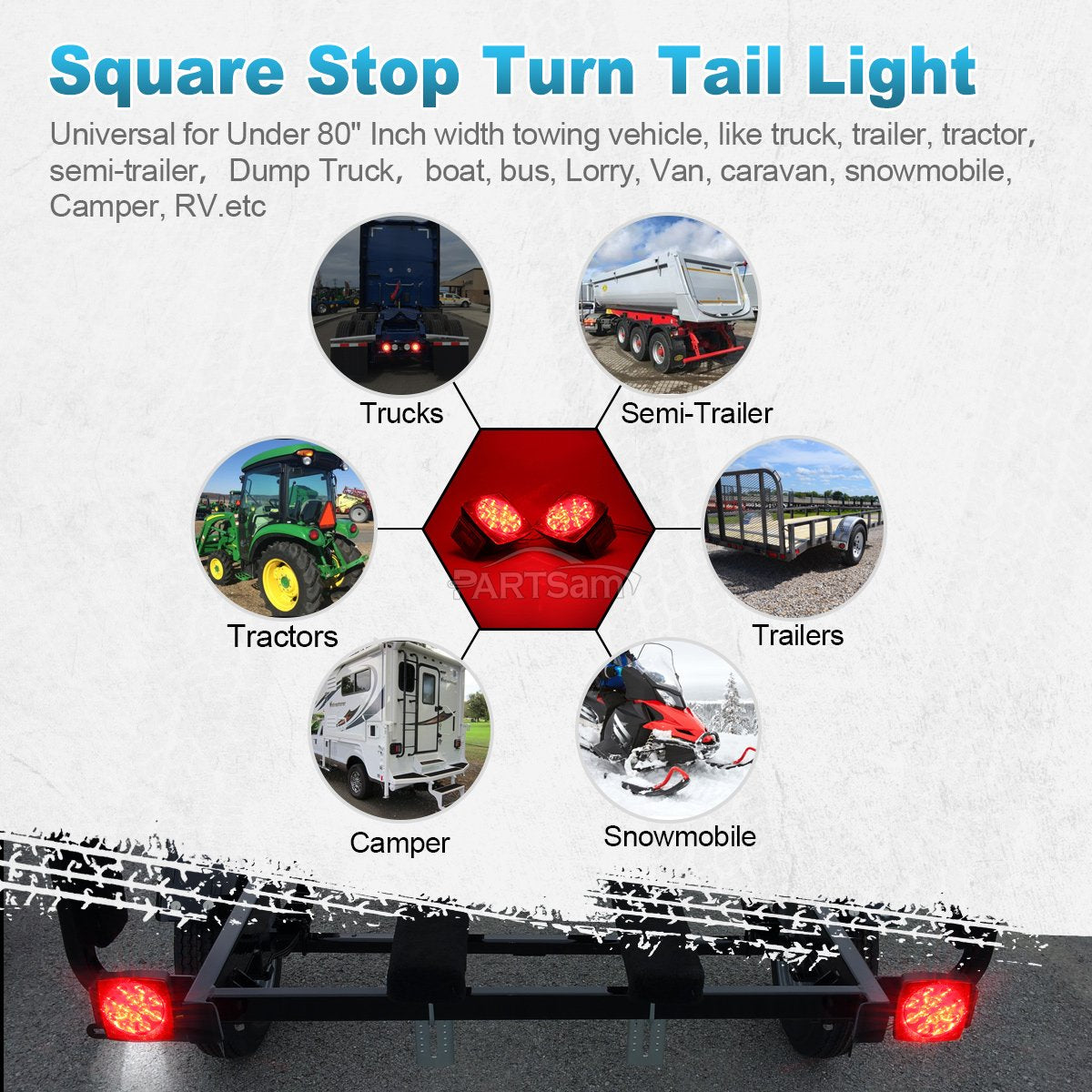 Partsam 12V Submersible Square Led Trailer Light,Red White LED Stop Turn Tail License Brake Running Light Lamp for Trailers Under 80" Boat Trailer Truck Marine Camper RV Snowmobile,IP68,DOT Compliant