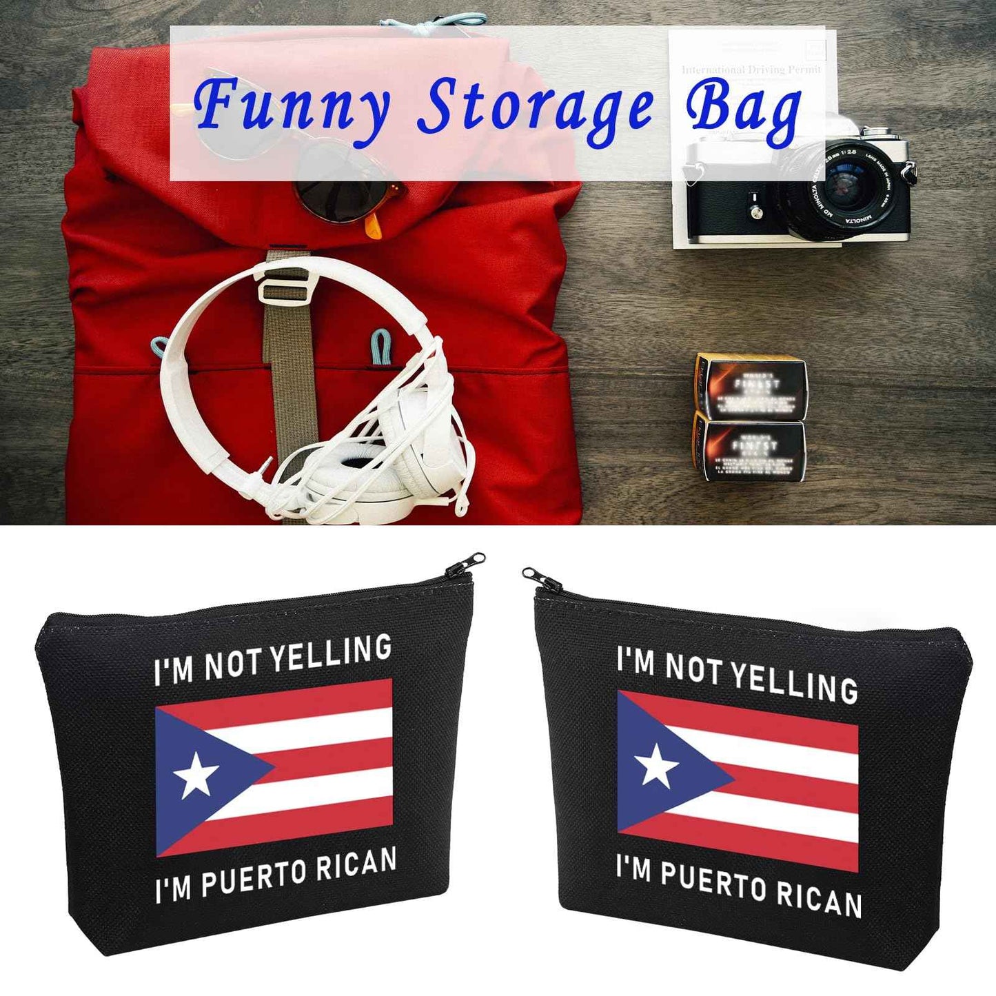 LEVLO Funny Puerto Rico Cosmetic Bags Souvenirs I'm Not Yelling I'm Puerto Rican Makeup Bags Puerto Rican Root Flag Travel Gifts (Puerto Rican+black)