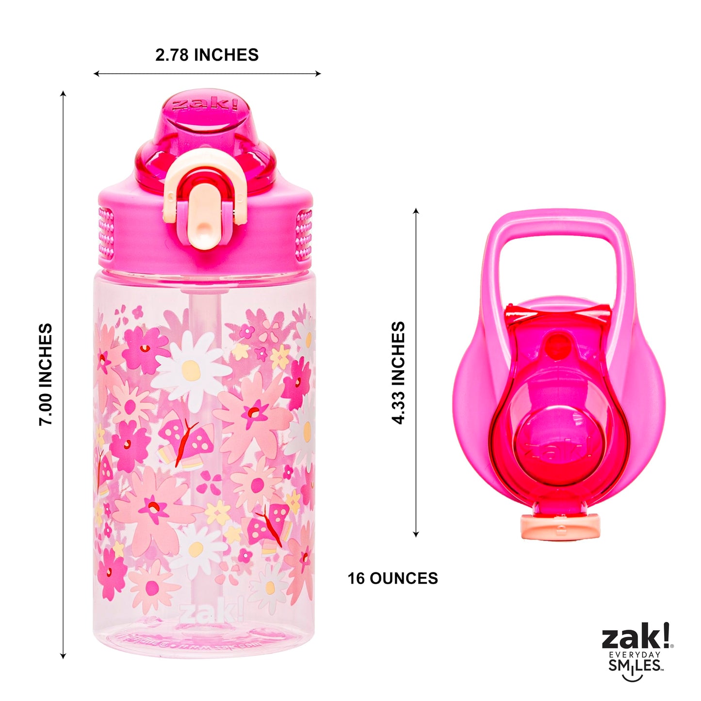 Zak Designs Sage Water Bottle For School or Travel, 16oz Durable Plastic Water Bottle With Straw, Handle, and Leak-Proof, Pop-Up Spout Cover (Flower Power)